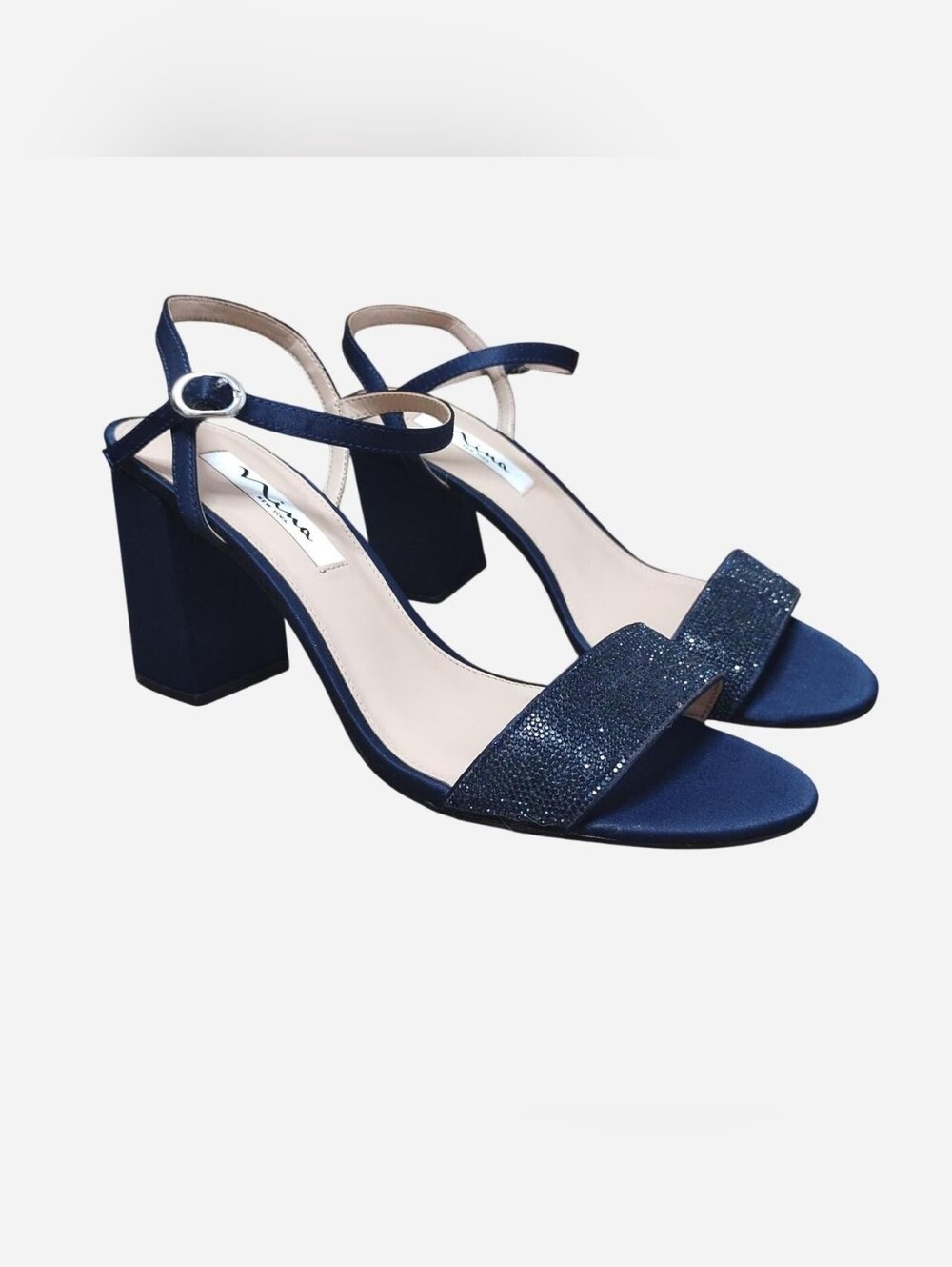 Nina Navy Block Heel Sandals with Sparkle Toe Strap High Heel Size 9.5M